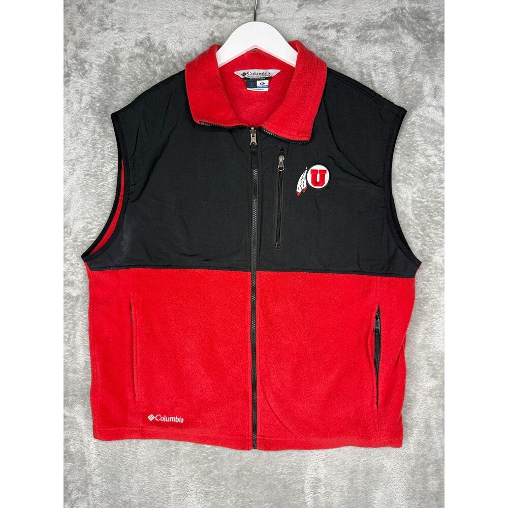 Vtg University of Utah Utes Vest Mens XL Columbia Interchange Fleece Black Red